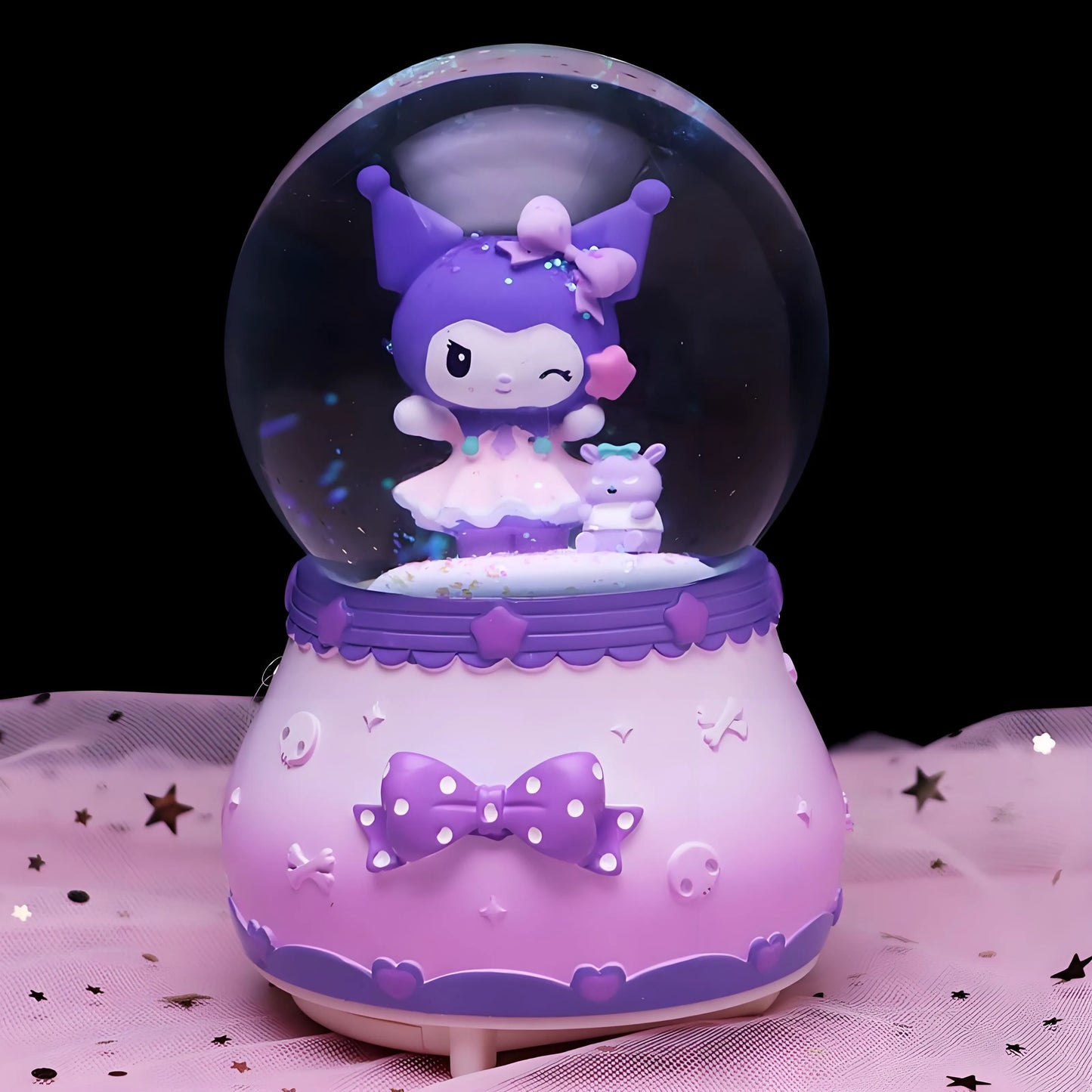Creative cartoon purple rabbit rotating music box snow globe with purple base and bunny figurine.