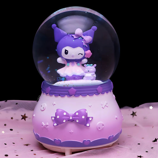 Creative cartoon purple rabbit rotating music box snow globe with purple base and bunny figurine.