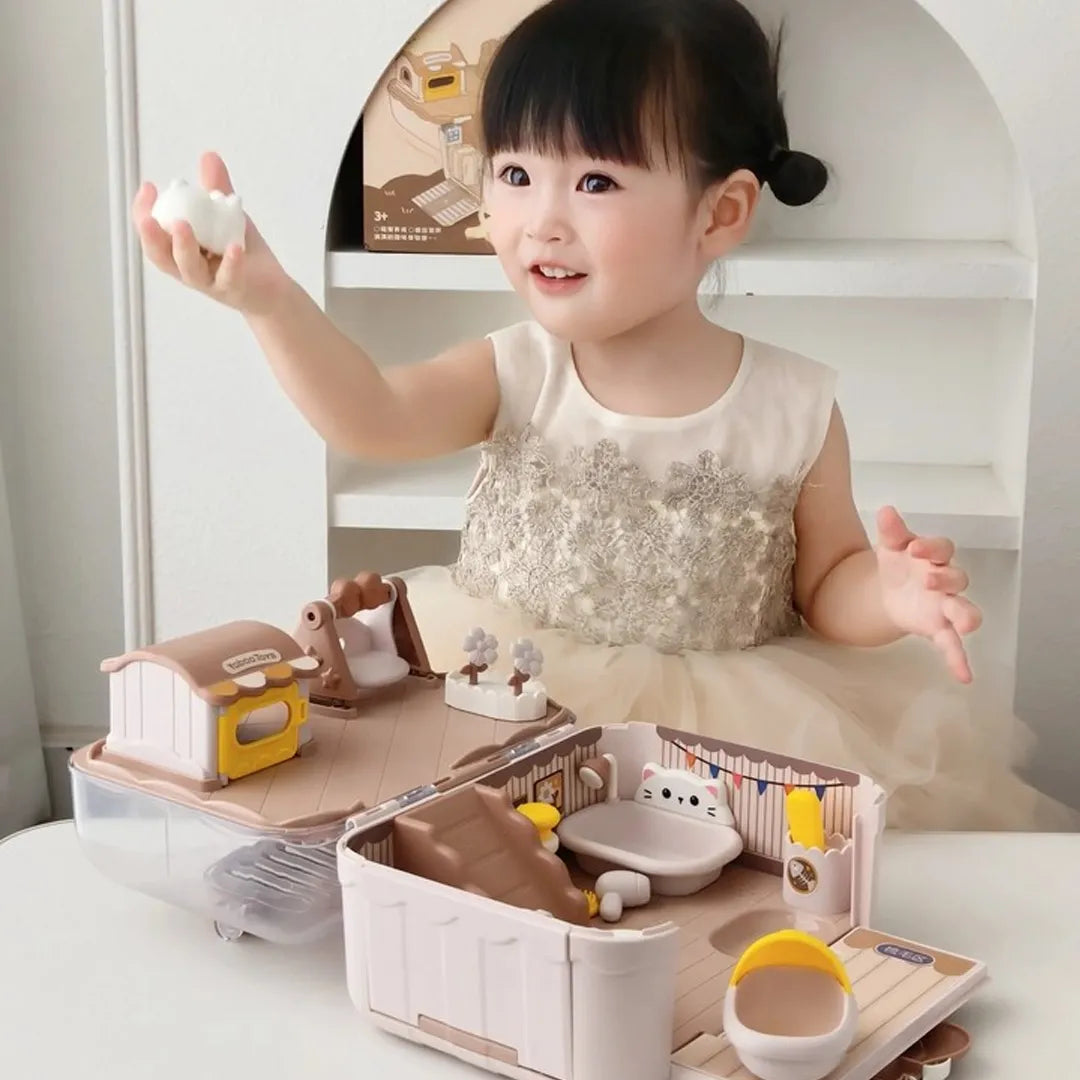 Child playing with a toy kitchen set in a bright room