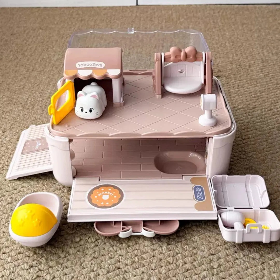 parent and child playing together with magnetic cat toy building scenes and guiding moving cat inside playhouse