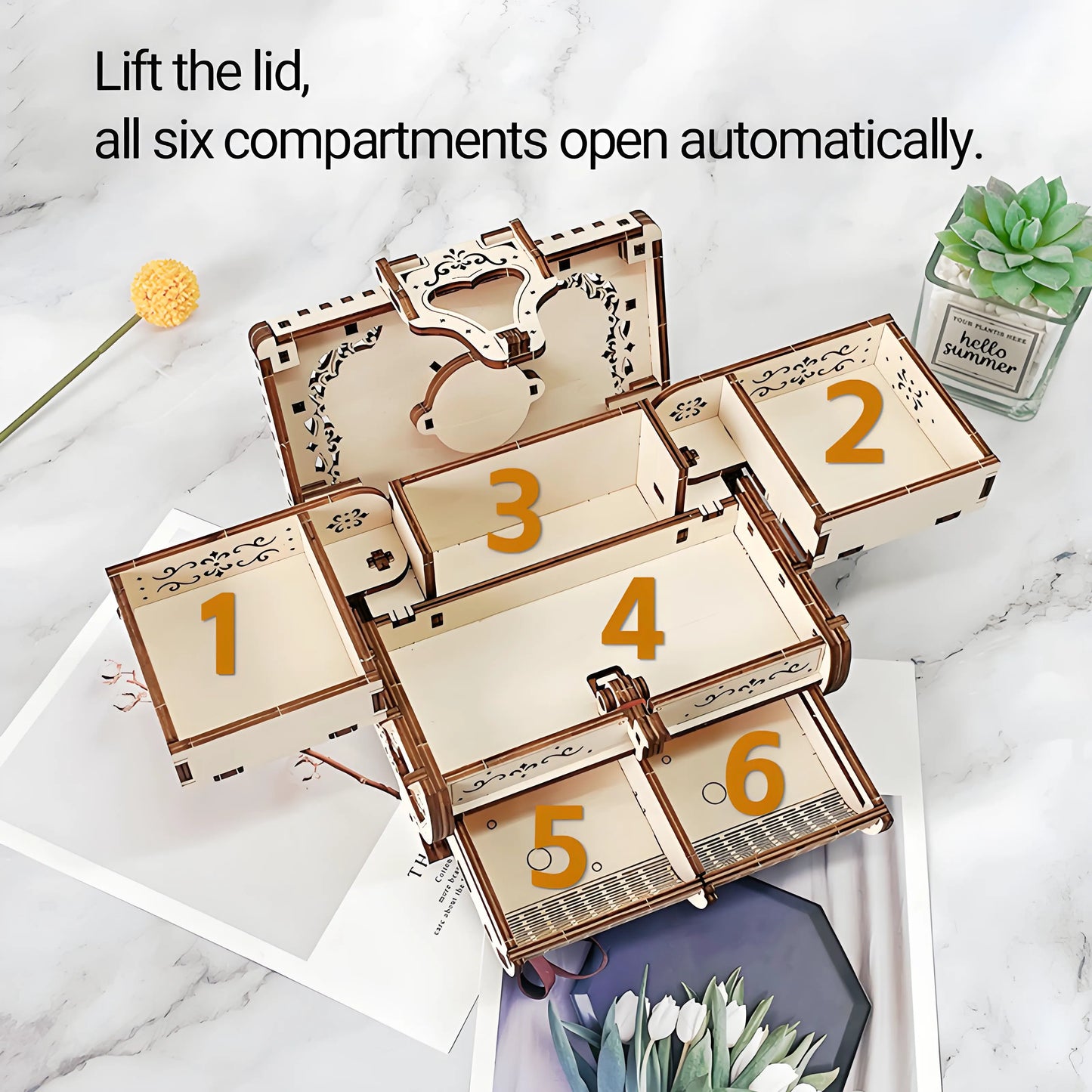 Step-by-step assembly of the DIY wooden music box puzzle jewelry box, with laser-cut pieces and illustrated instructions, showcasing hands-on craft experience.