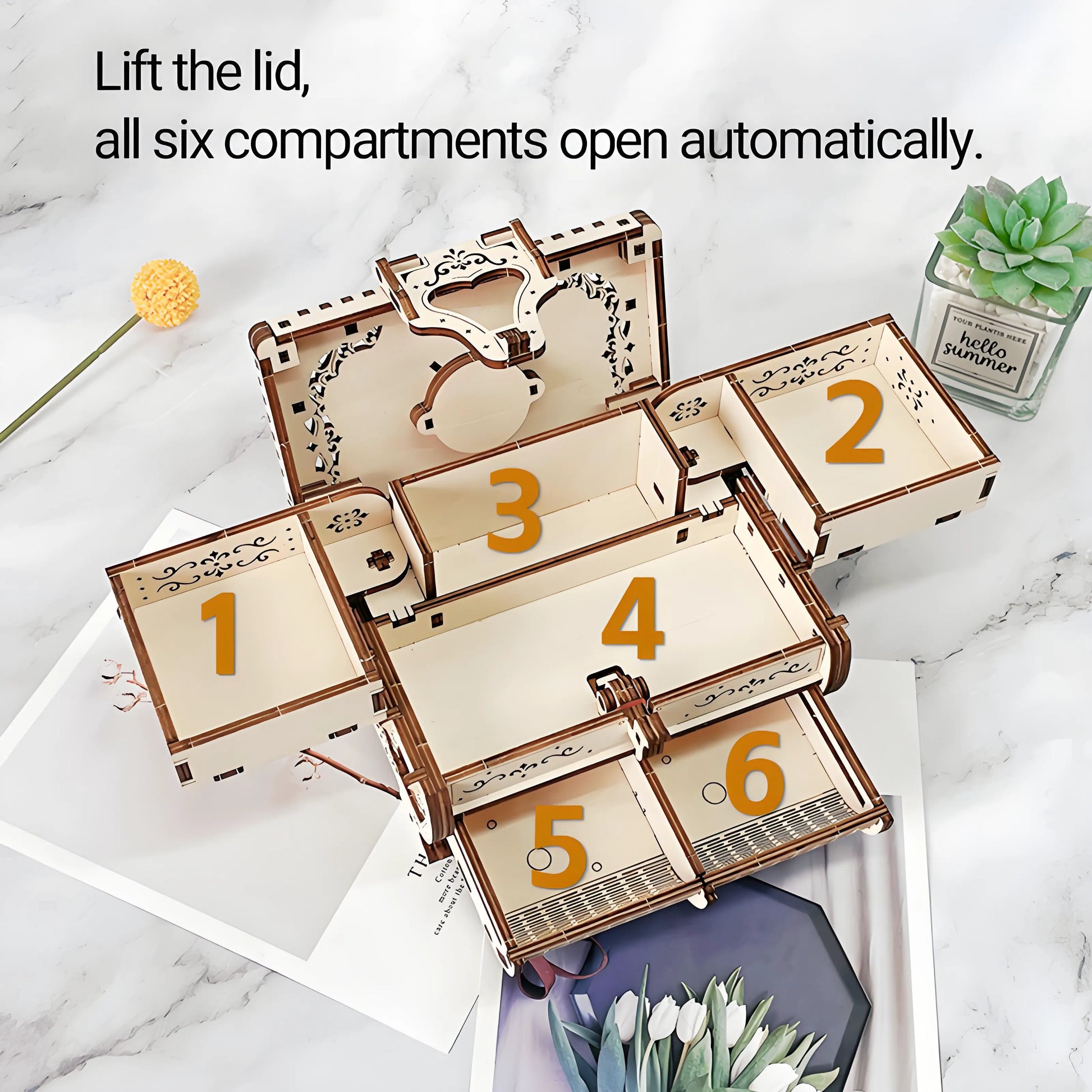 Step-by-step assembly of the DIY wooden music box puzzle jewelry box, with laser-cut pieces and illustrated instructions, showcasing hands-on craft experience.