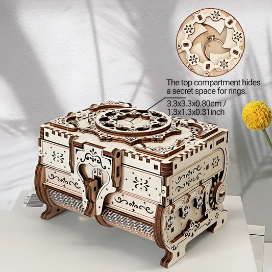 Wooden jewelry box with intricate design and secret compartment, accompanied by a yellow flower.