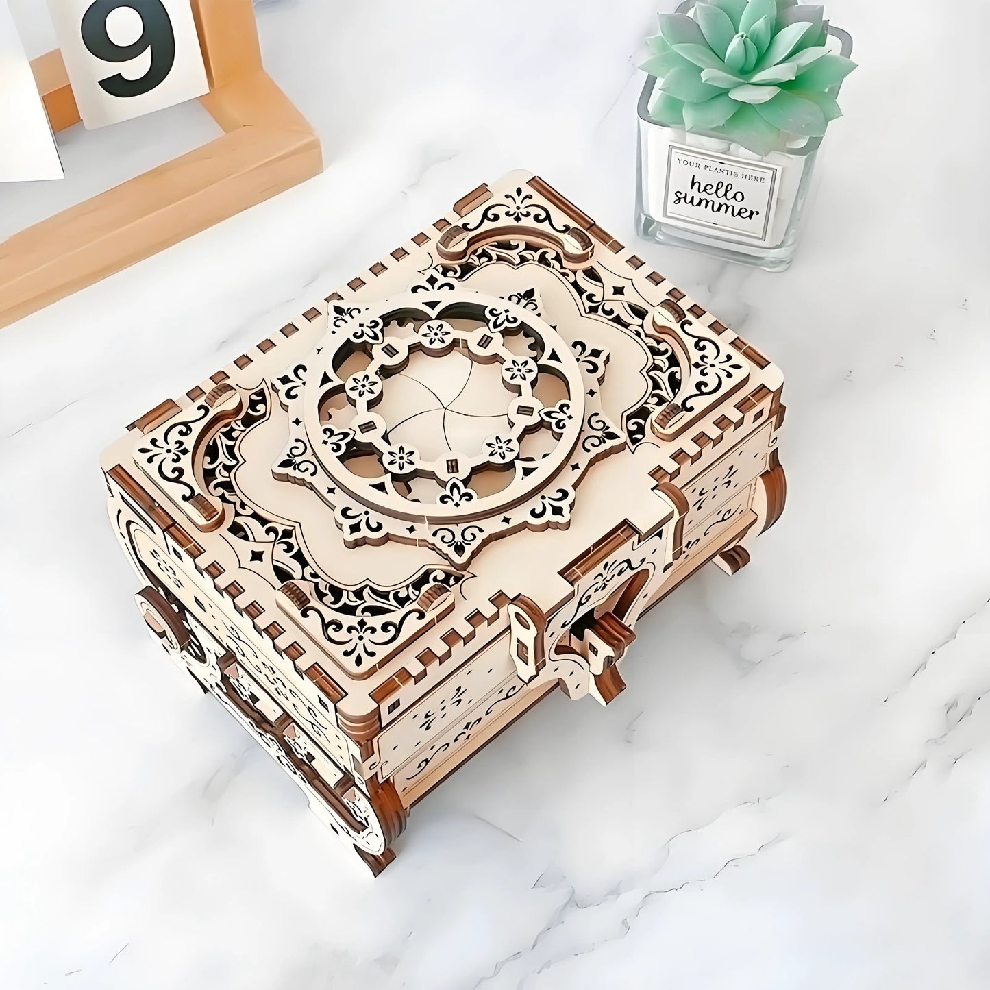 Close-up of six secret compartments popping open in the DIY mechanical music box puzzle jewelry box, ideal for storing rings, necklaces, and small keepsakes