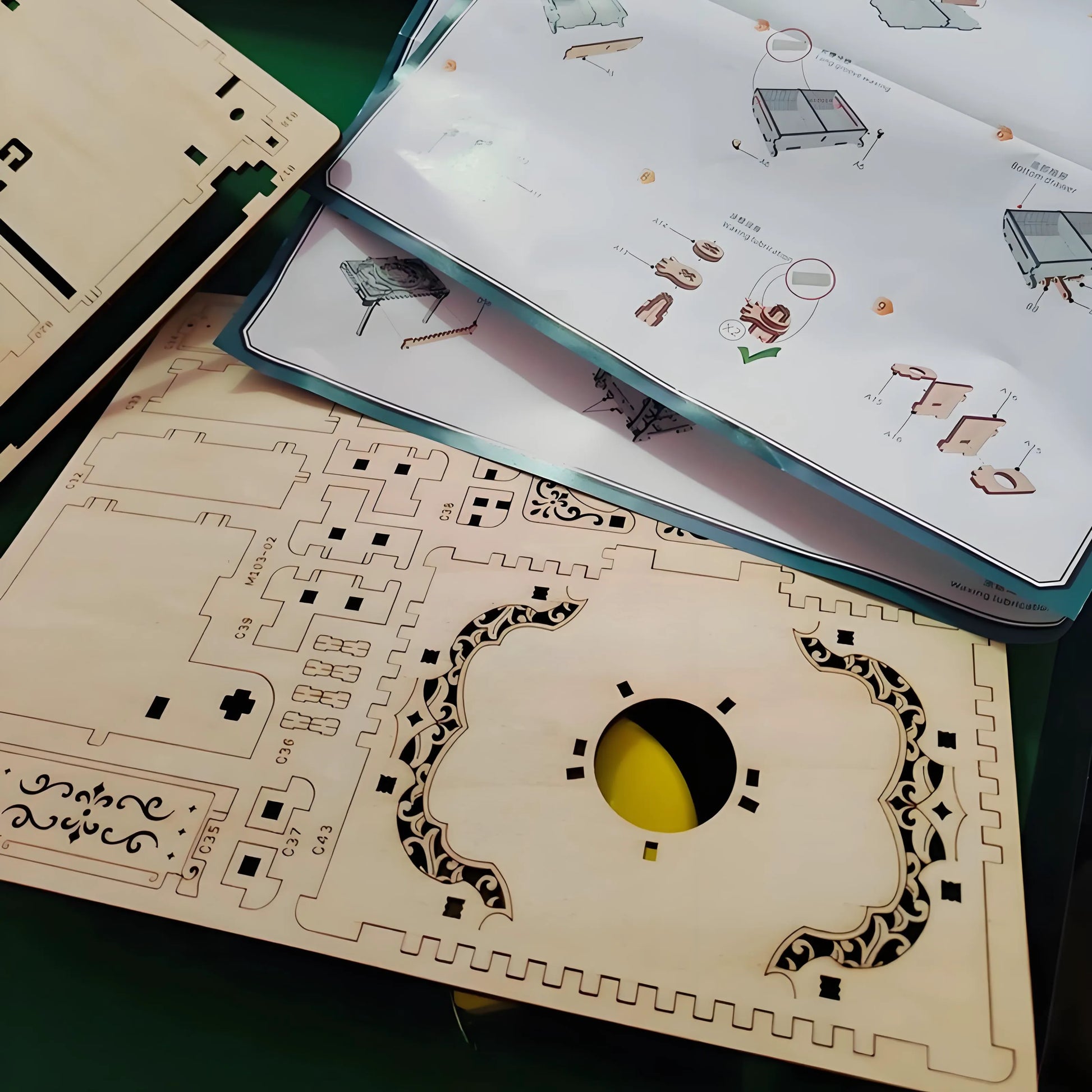 DIY Mechanical Music Box Puzzle Jewelry Box made of laser-cut linden wood, showing hidden compartments and spring-powered 18-note music movement, perfect for DIY craft lovers and gift-giving.