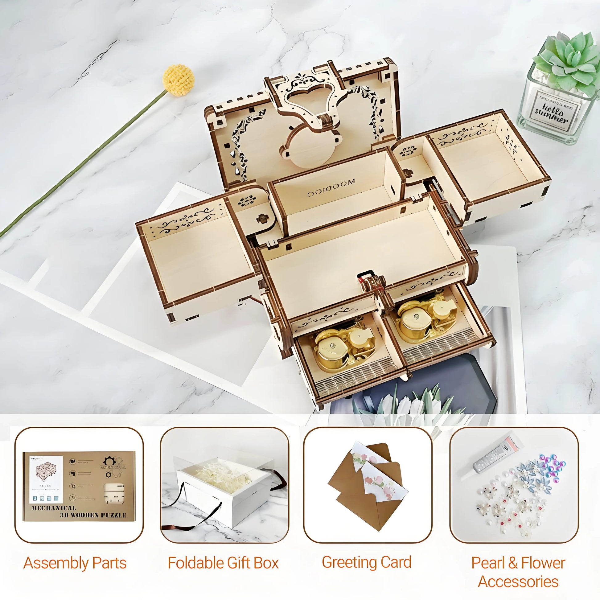 Close-up of six secret compartments popping open in the DIY mechanical music box puzzle jewelry box, ideal for storing rings, necklaces, and small keepsakes