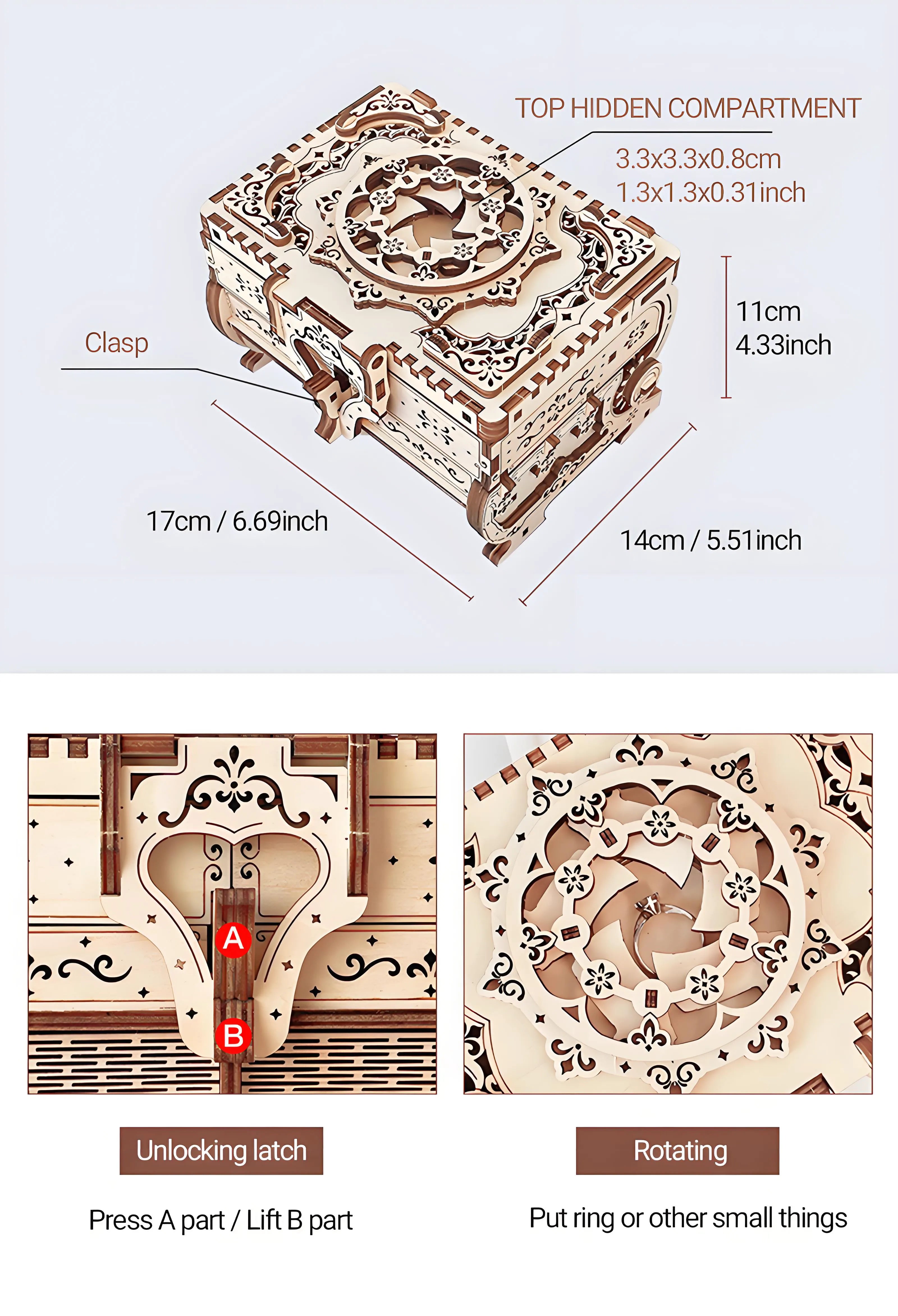 Wooden puzzle box with measurements and features on a light gray background