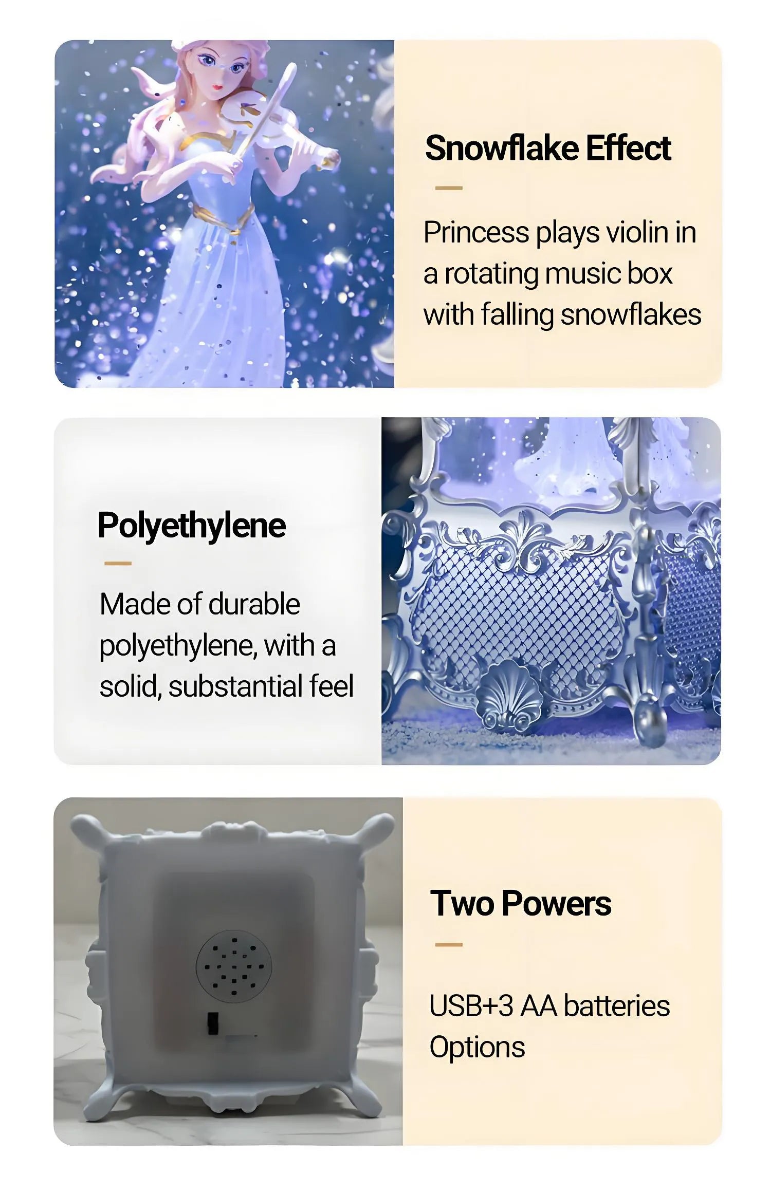 Product description card with a princess playing violin in a music box, polyethylene material, and USB+3 AA battery options.