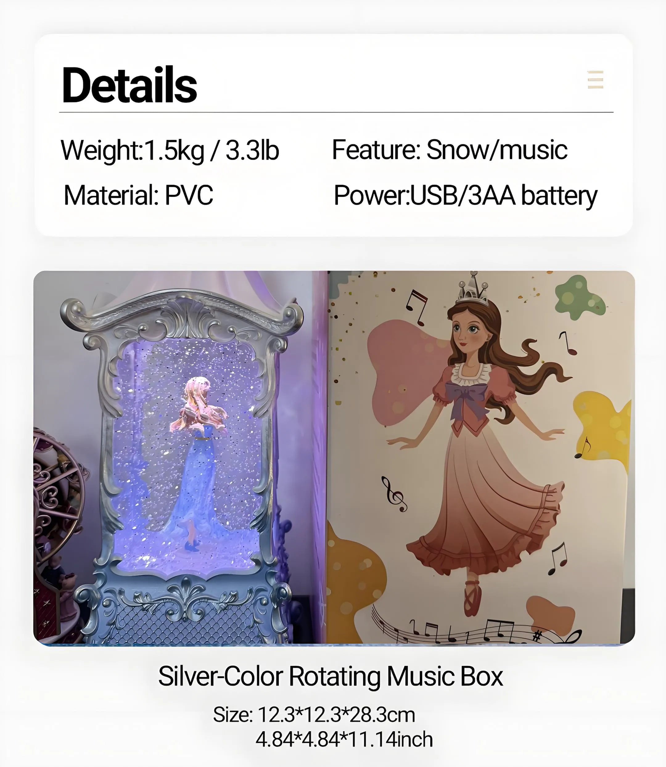 Rotating princess figure inside liquid-filled musical snow globe