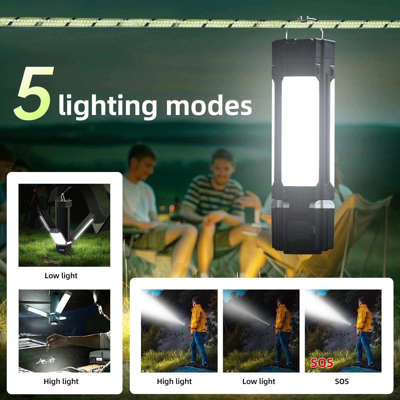 Hanging foldable LED tent lantern with built-in power bank and magnetic base for outdoor camping