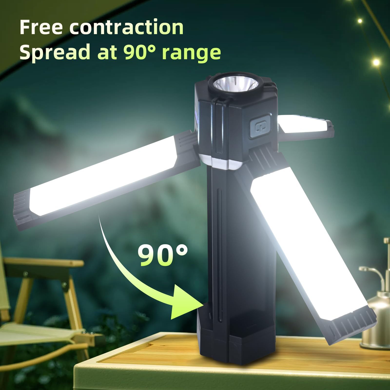 Compact rechargeable camping lantern with folding panels, 3000mAh battery, flashlight and tent lantern modes