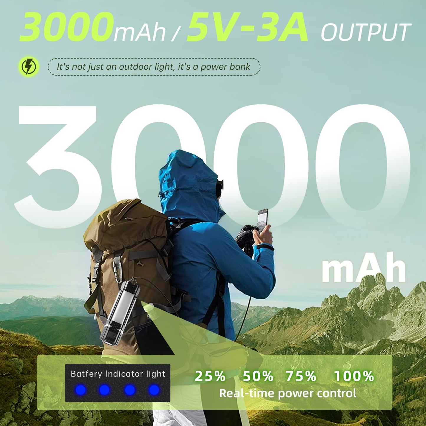 Compact rechargeable camping lantern with folding panels, 3000mAh battery, flashlight and tent lantern modes