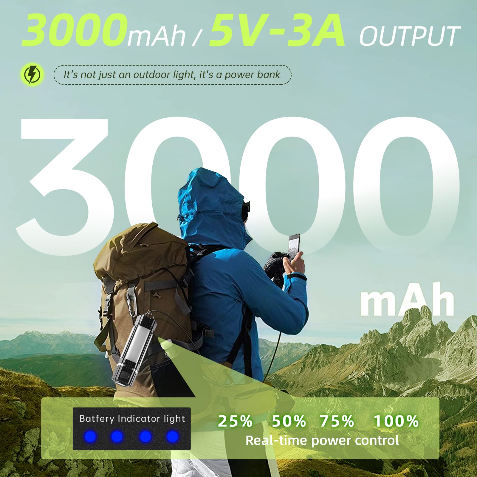 Compact rechargeable camping lantern with folding panels, 3000mAh battery, flashlight and tent lantern modes