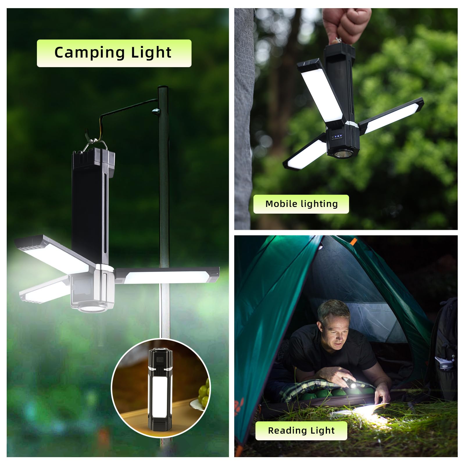 Multifunctional waterproof LED lantern and flashlight, 3000 mAh rechargeable battery, 1500 lm brightness, five light modes