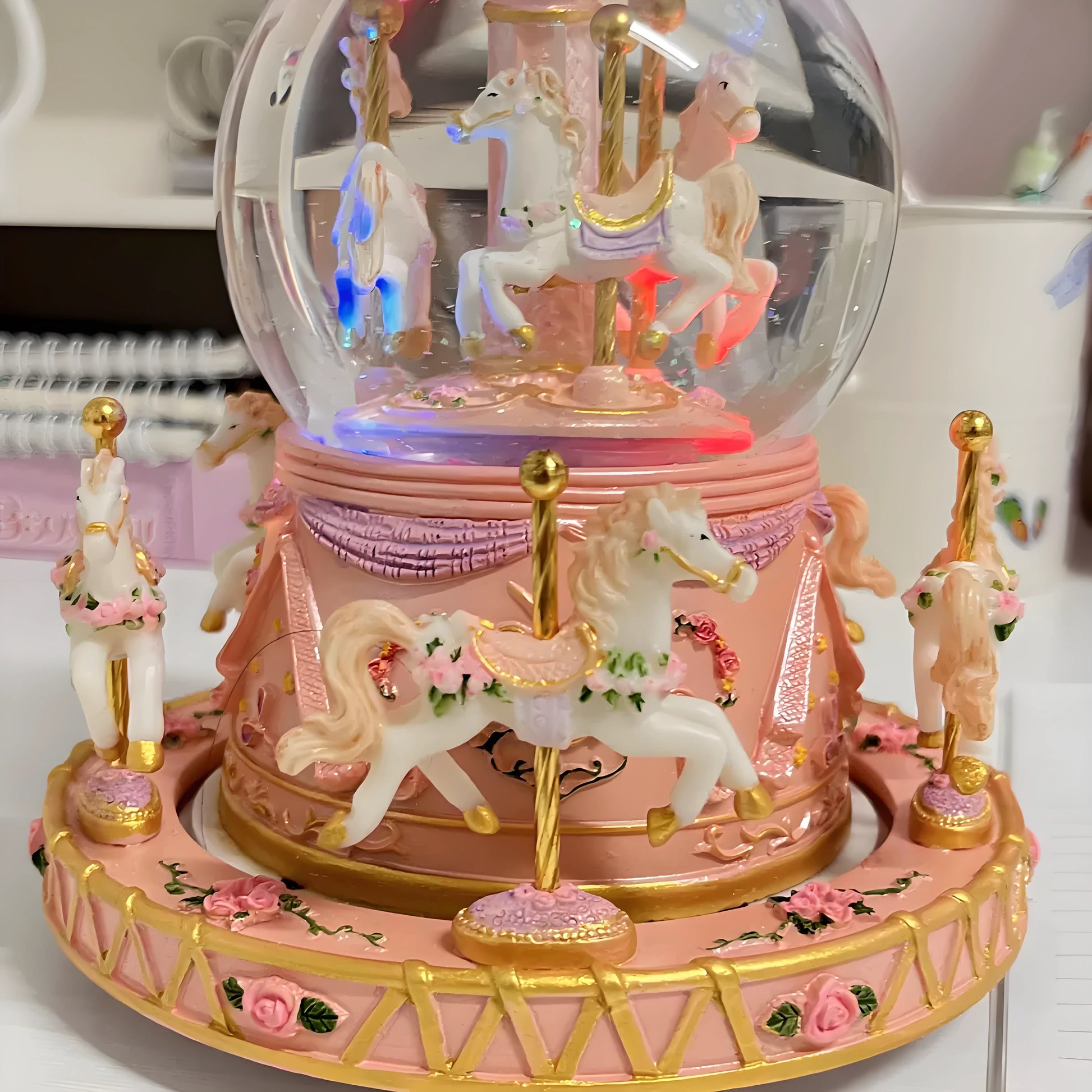 Side view of pink and gold carousel snow globe on desk or bedside table