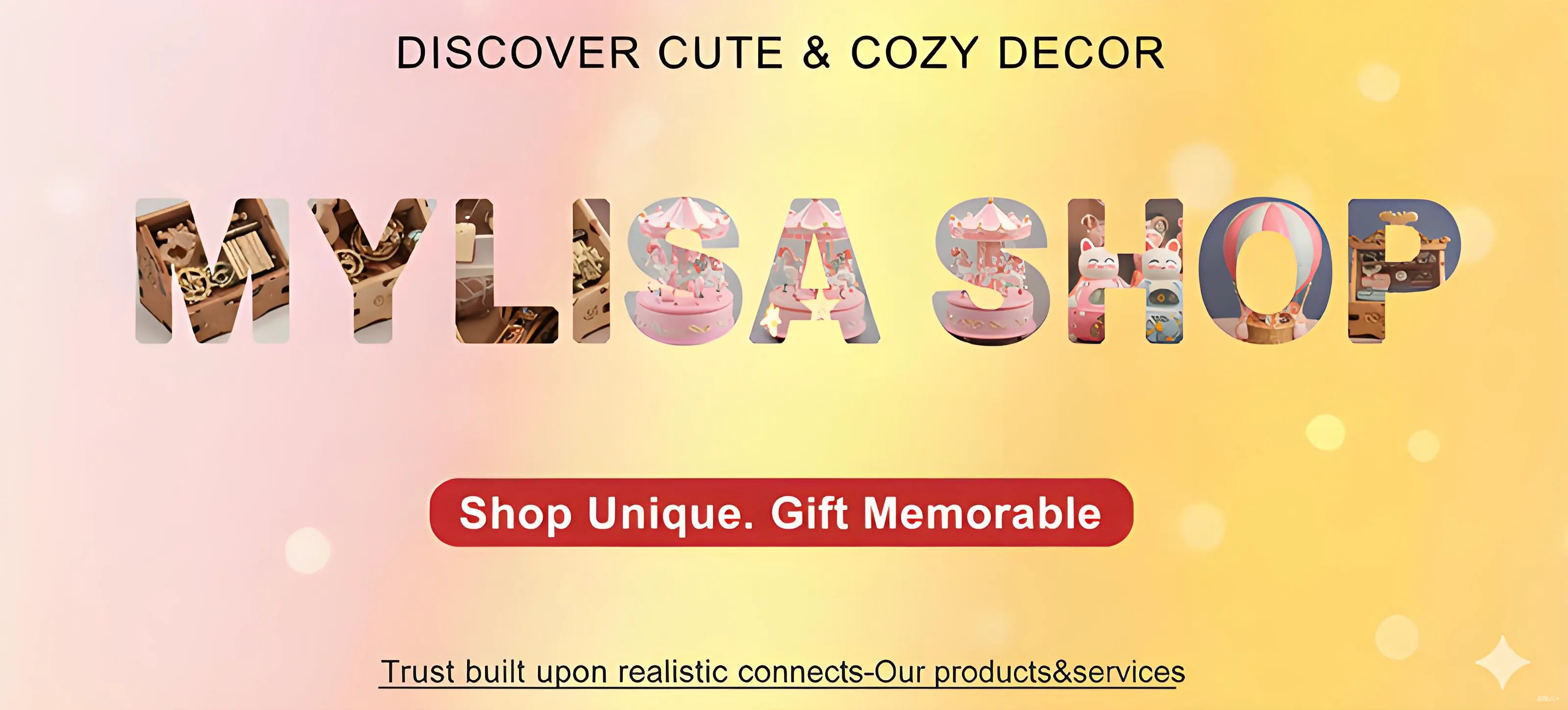 Promotional banner for MYLISA SHOP with colorful text on a gradient background.