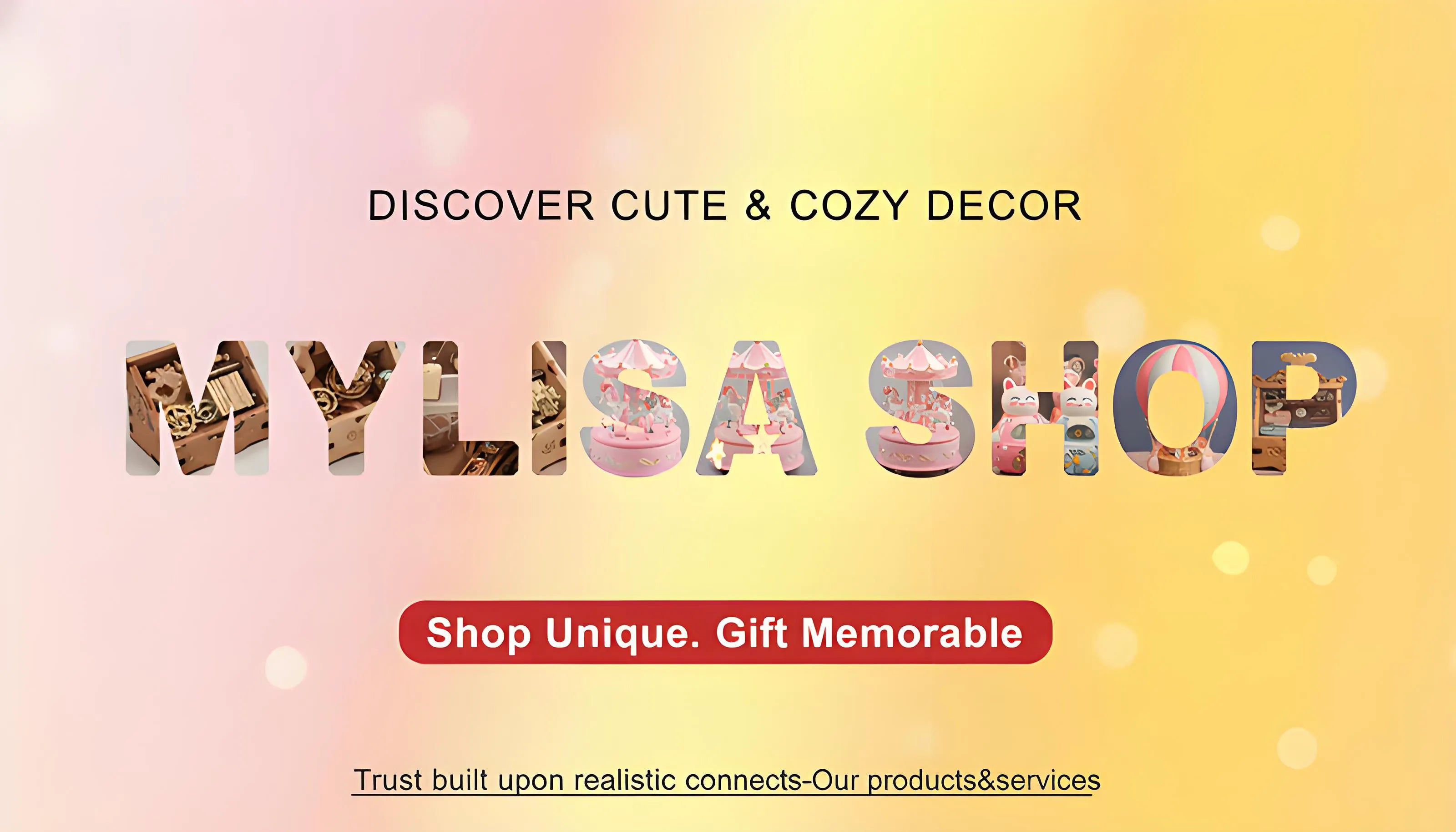 Promotional banner for MYLISA SHOP with decorative text on a gradient background