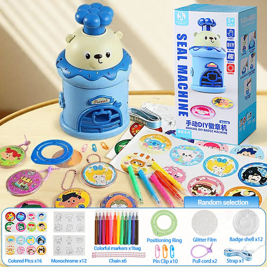 Child pinning a finished badge onto clothing, showing wearable results from the STEAM craft toy.