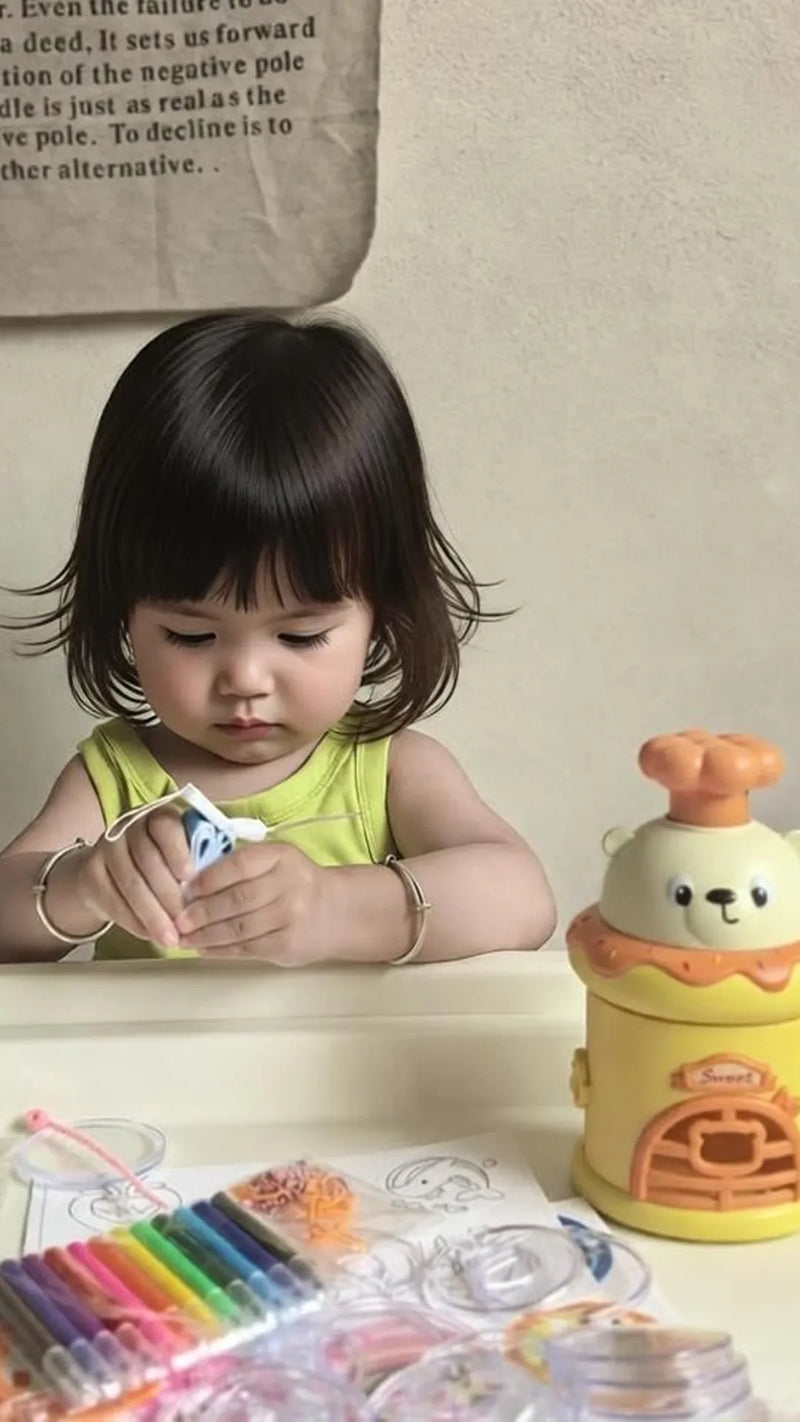 The button maker machine pressing down smoothly, showing how easy it is for kids to operate on their own.