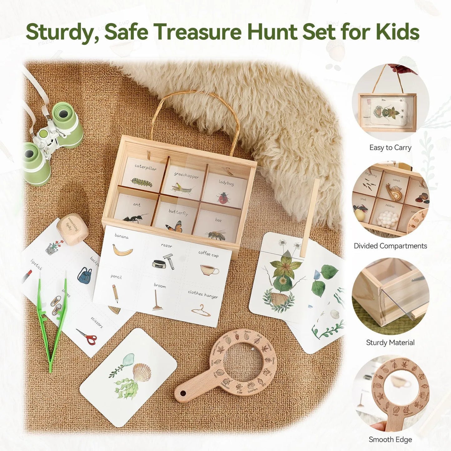 Sturdy, Safe Treasure Hunt Set for Kids with wooden box, cards, and magnifying glass on a textured surface.