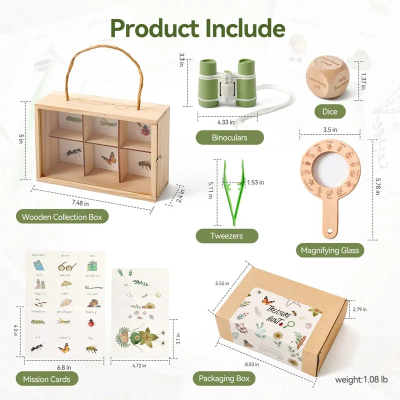Educational tools including a wooden collection box, binoculars, tweezers, magnifying glass, mission cards, and packaging box with measurements.