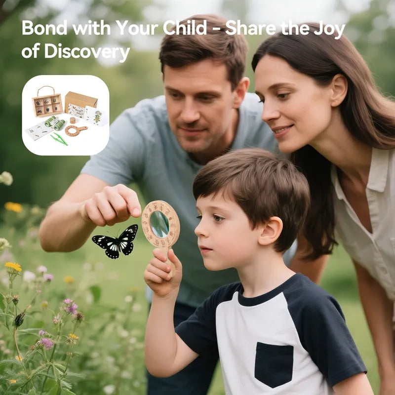 Family outdoors with child using a magnifying glass to look at a butterfly, with text 'Bond with Your Child - Share the Joy of Discovery'.