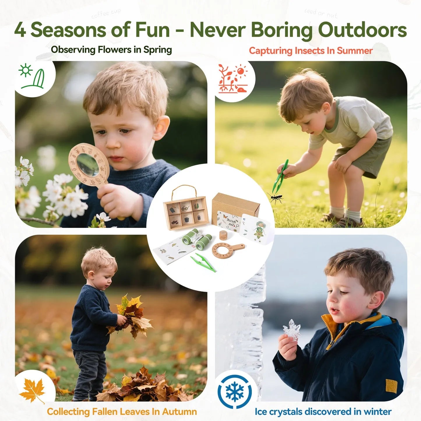 Collage of children engaging in outdoor activities with text about seasons and nature observations.