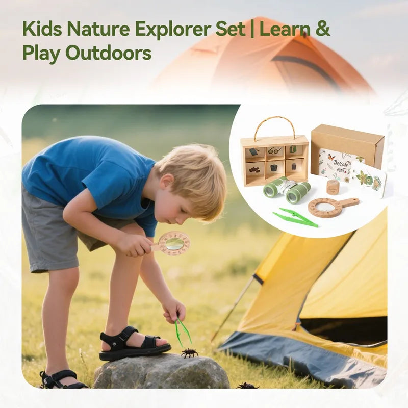 Child playing outdoors with a nature explorer set, including a tent and educational tools.