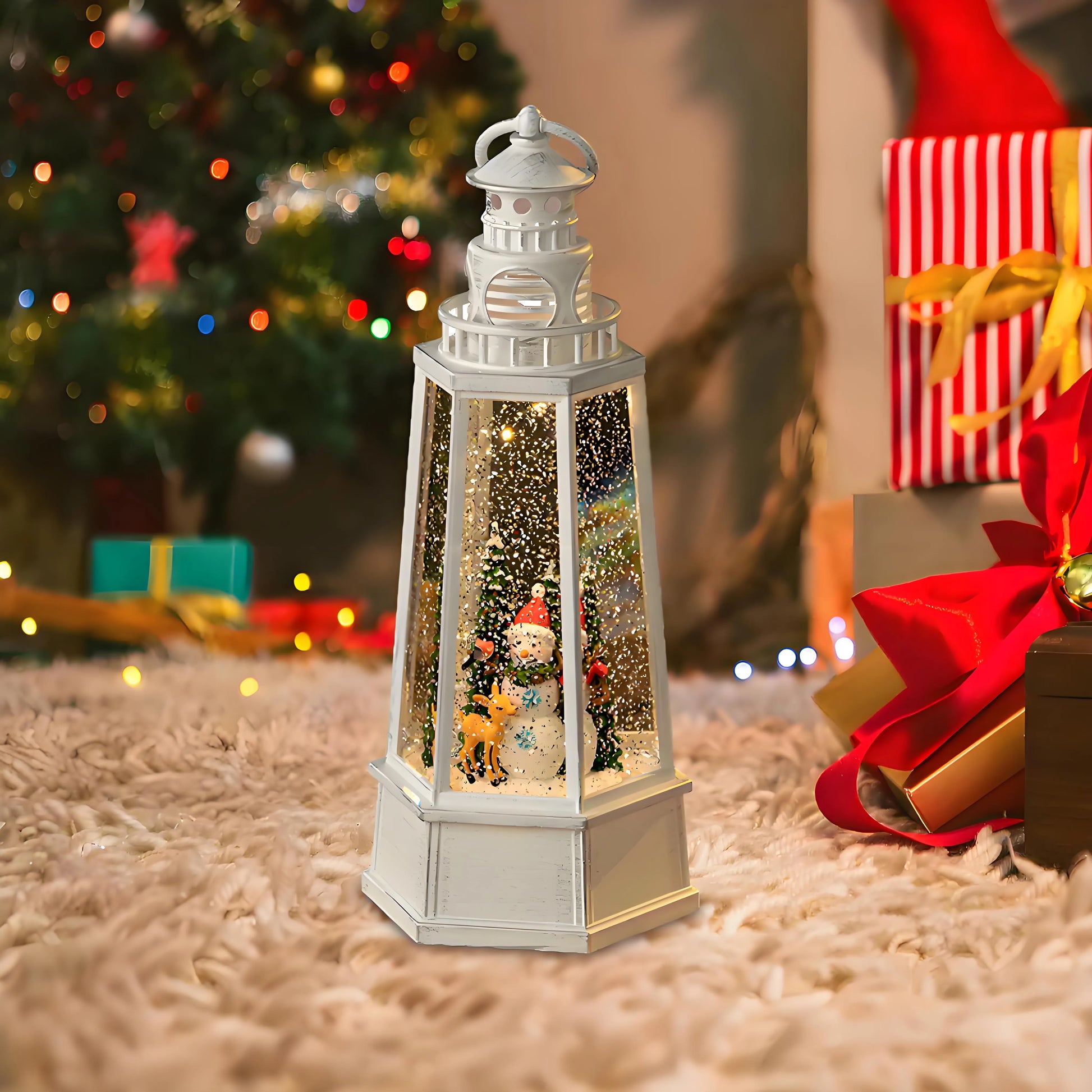 Retro Christmas water lantern featuring a smiling Snowman in a top hat and red scarf, standing beside a brown reindeer in a winter forest scene.