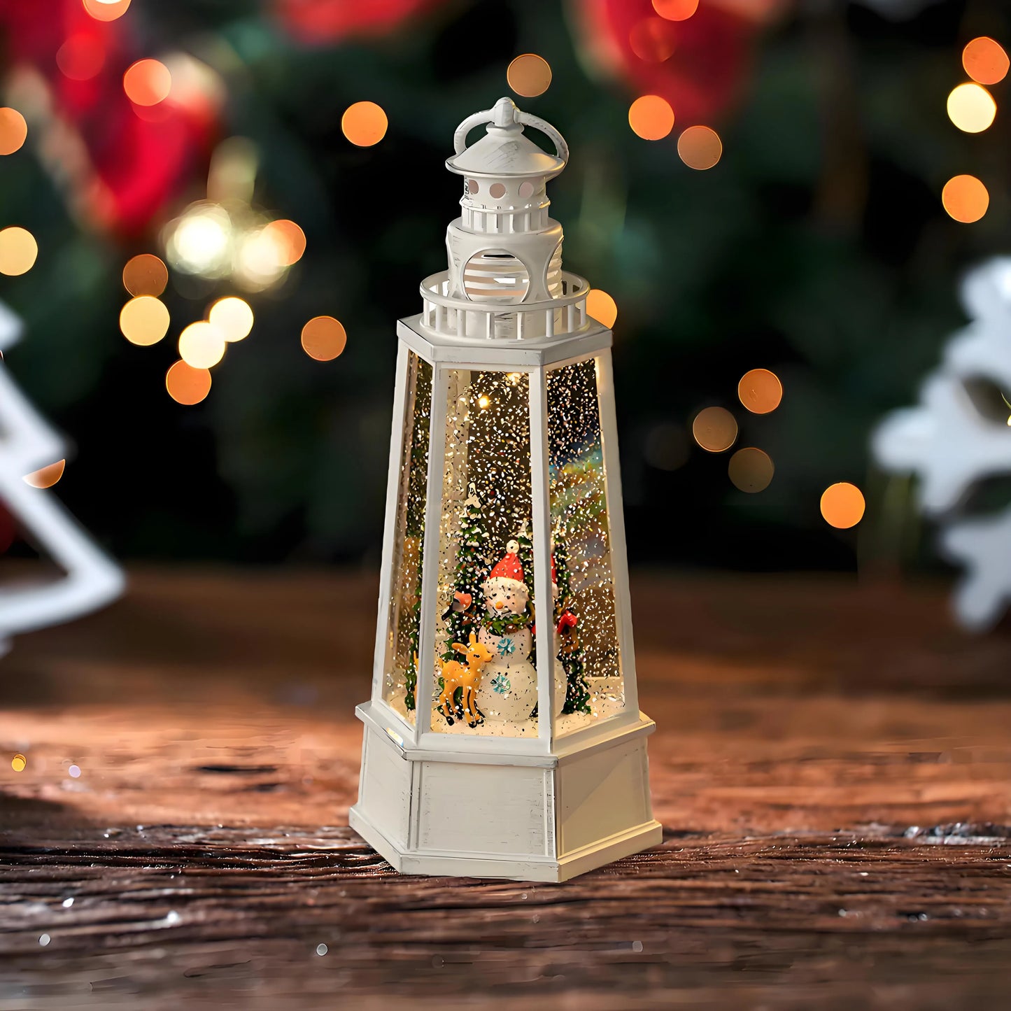 Lighted Snowman snow globe decoration with auto-swirling glitter reflecting the internal LED lights, creating a magical winter wonderland vibe.