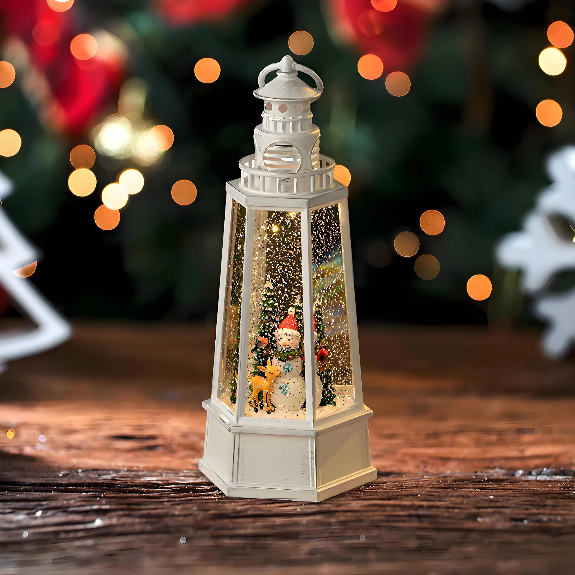  Lighted Snowman snow globe decoration with auto-swirling glitter reflecting the internal LED lights, creating a magical winter wonderland vibe.