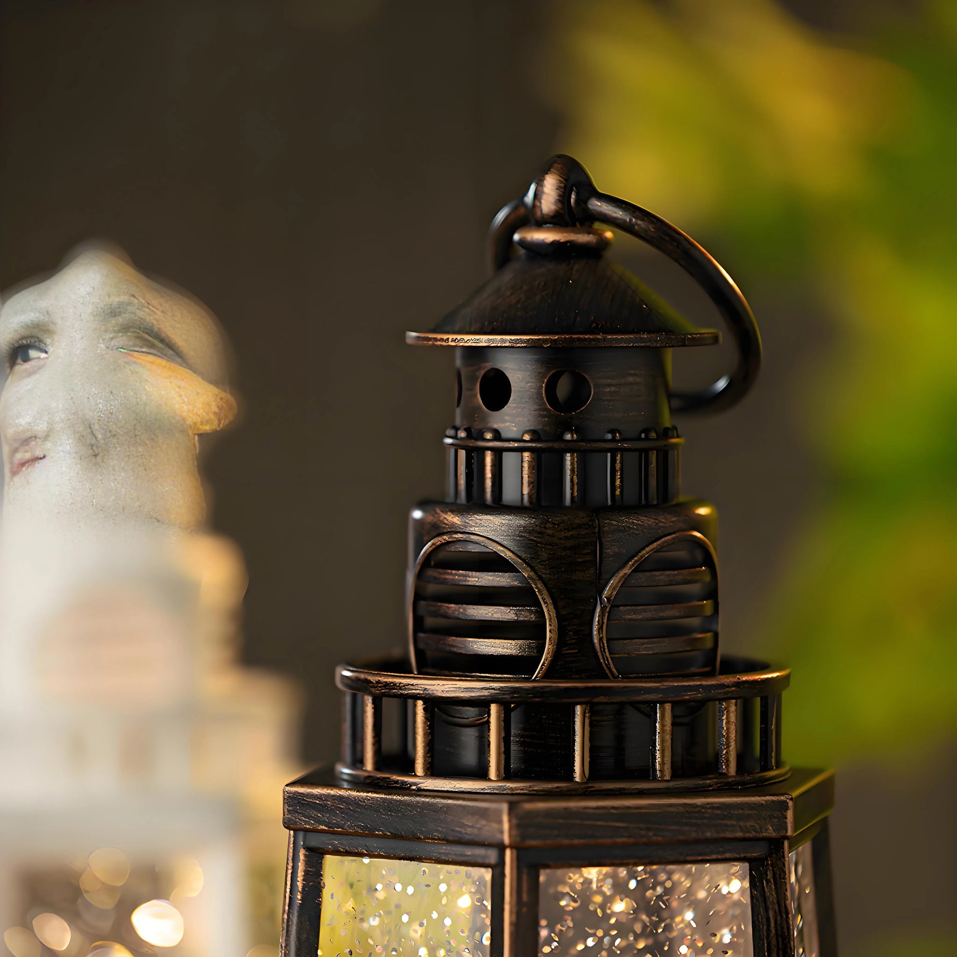 Artistic shot of the lantern with a "Music Note" graphic overlay, indicating the device plays 8 classic Christmas holiday songs.