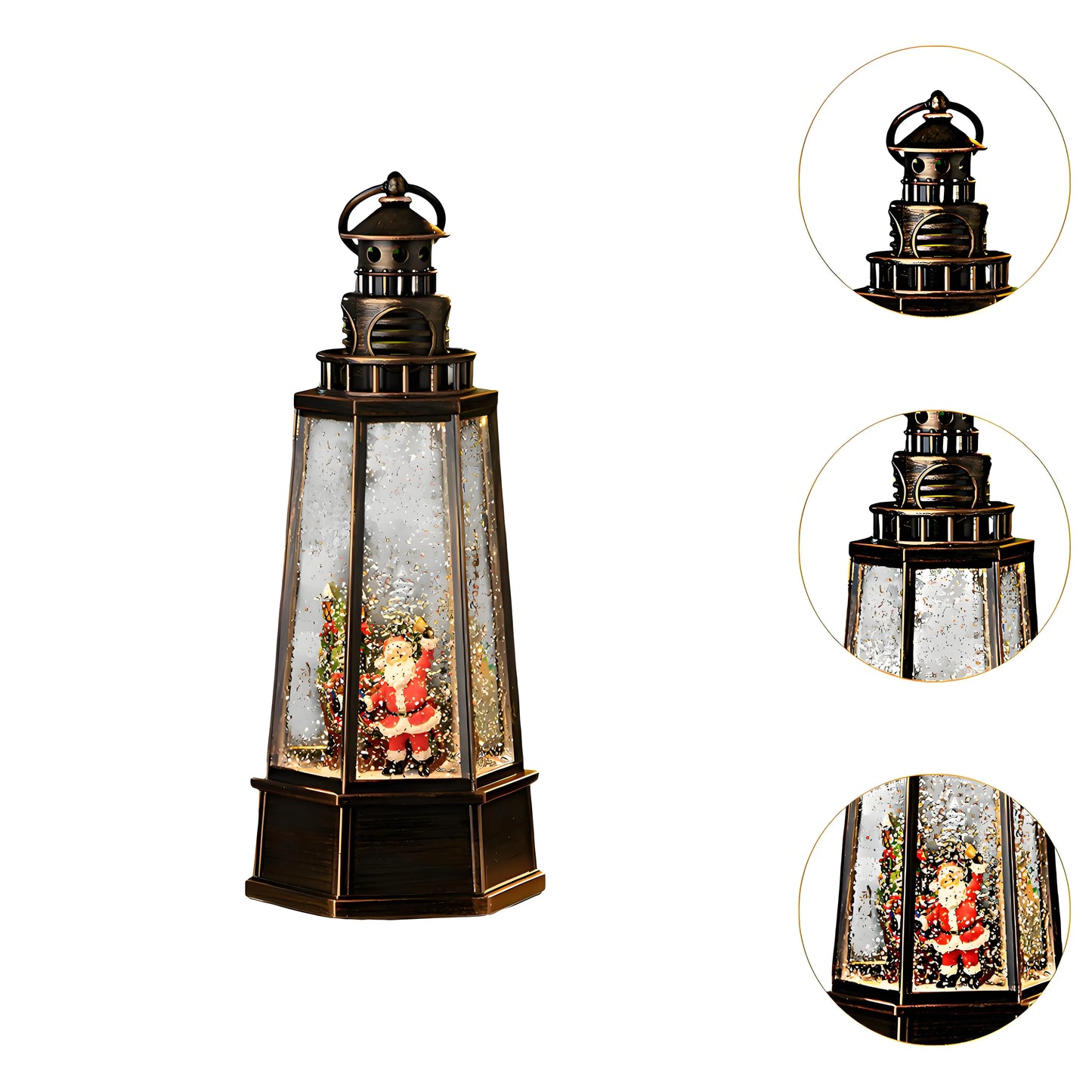 12-inch tall Snowman musical lantern viewed from a low angle, highlighting the height and the architectural details of the lighthouse top cap.