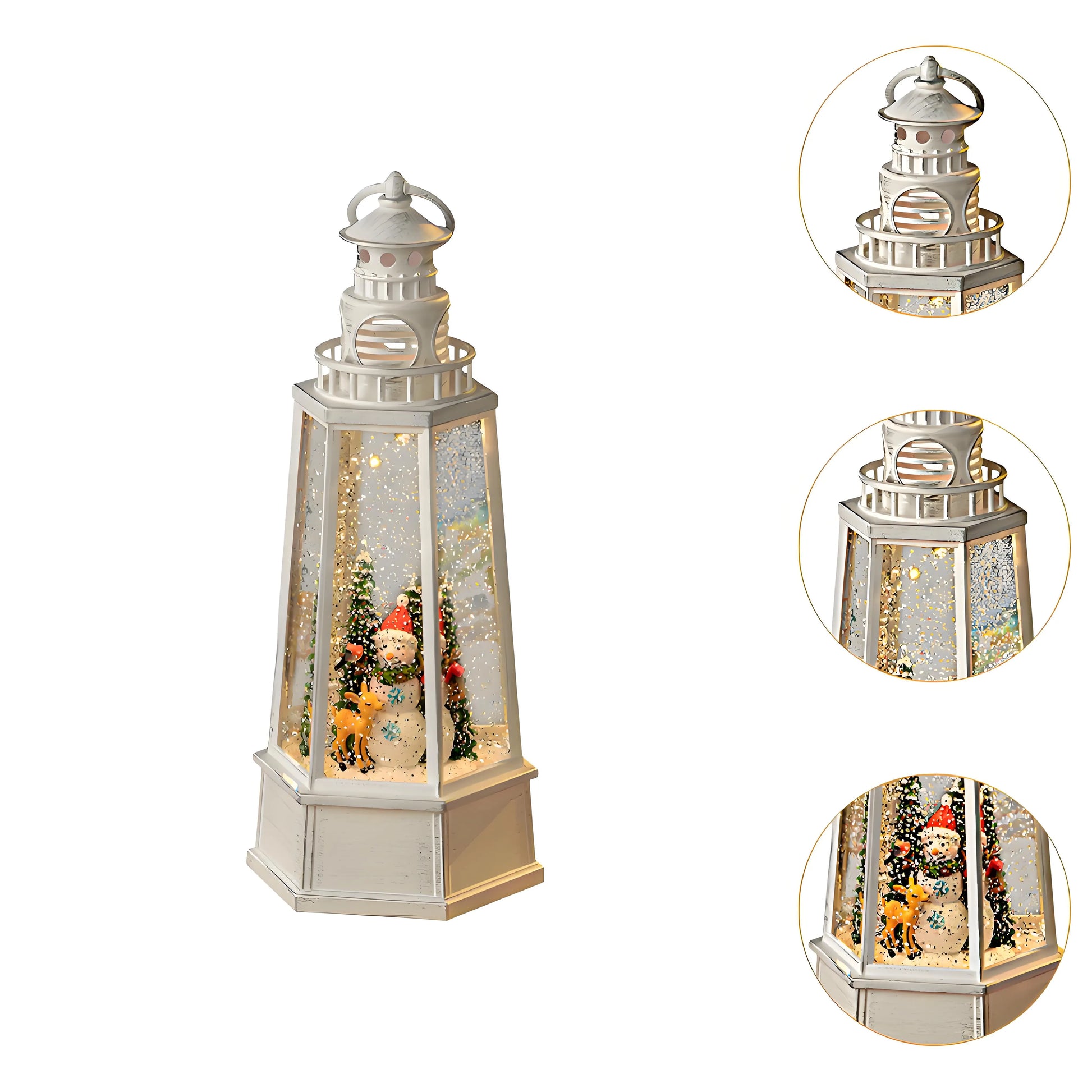 Back view of the Christmas glitter lantern showing the included USB cable plugged in for continuous operation without battery drain.