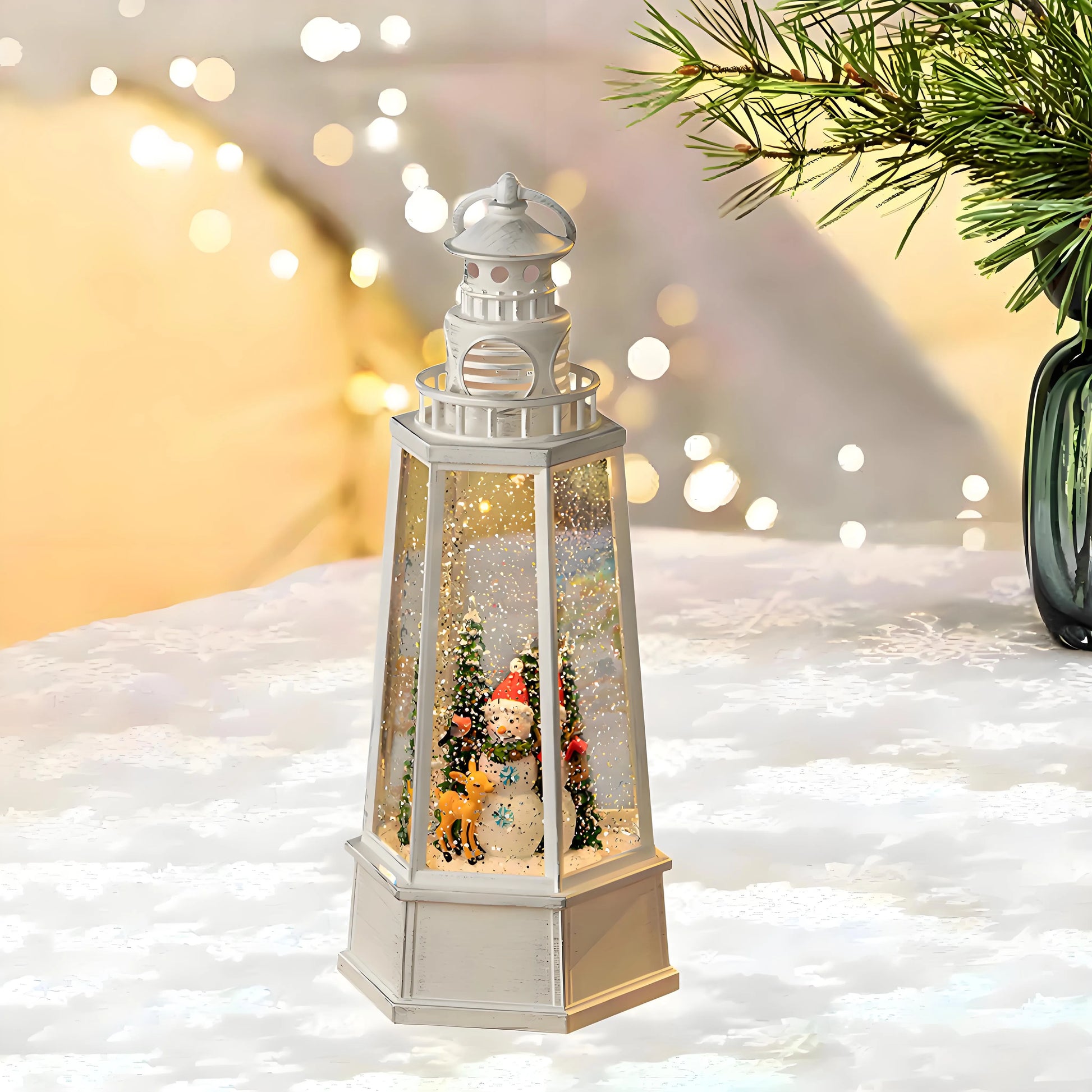 Size perspective of the 30.5cm (12-inch) tall musical snow globe lantern. The substantial 2kg weight and wide square base illustrate its stability as a freestanding holiday decoration on a mantle or shelf.