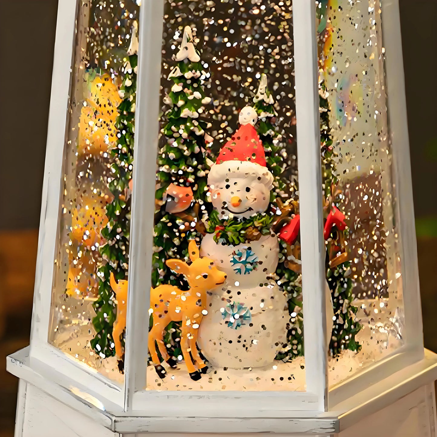 Bottom view of the Christmas lantern showing the dual power options: a USB port for continuous play and a compartment for 3 AA batteries. Also displays the 3-way switch for Off, Light-Only, and Music-and-Light modes.