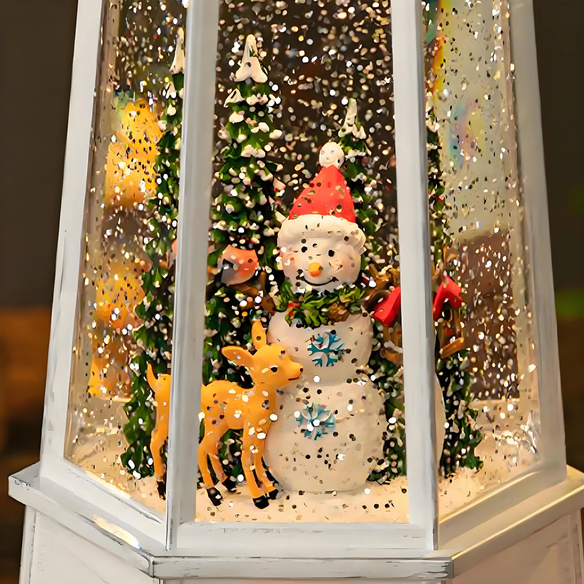 Bottom view of the Christmas lantern showing the dual power options: a USB port for continuous play and a compartment for 3 AA batteries. Also displays the 3-way switch for Off, Light-Only, and Music-and-Light modes.