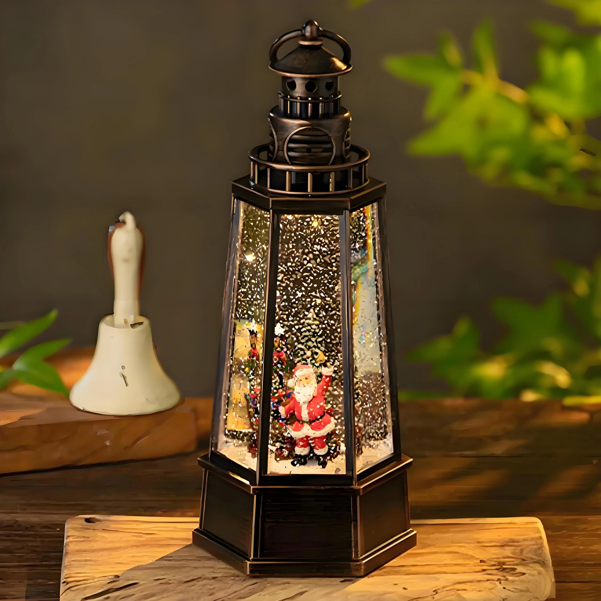 Whimsical Snowman and Deer water lantern acting as a nightlight in a cozy room, offering a soft glow without the music for a peaceful ambiance.