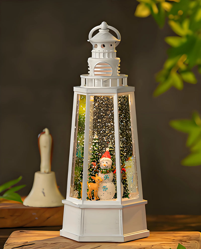 The sturdy 4.4lb (2kg) weighted base of the snow globe lantern, emphasizing its stability and resistance to tipping over on crowded tables.