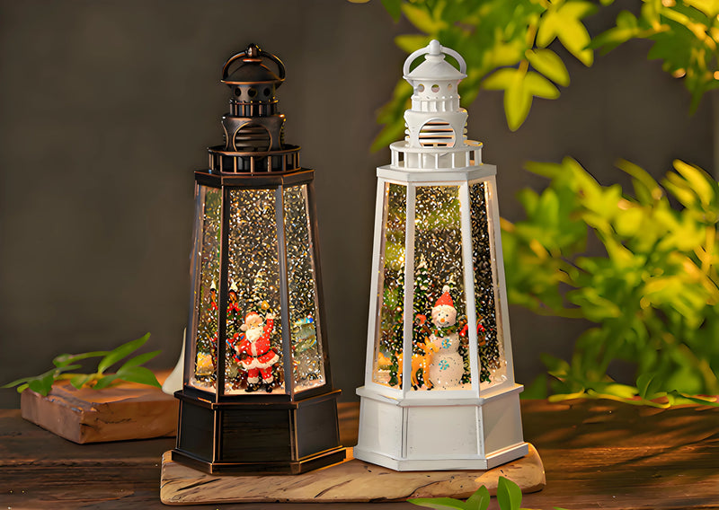 Close-up detail of the heavy-duty PC resin frame with a brushed antique bronze finish. Shows the fine details of the resin Snowman figurine and the crystal-clear transparency of the water chamber with floating silver glitter.