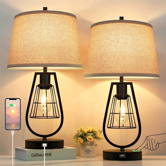 Stylish touch-activated table lamp with built-in USB charging ports for home office or living room