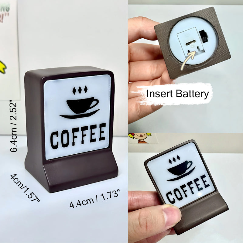 Warmly Lit Mini Coffee Bar Sign with Stylized Coffee Cup Design for Cozy Kitchen Nook