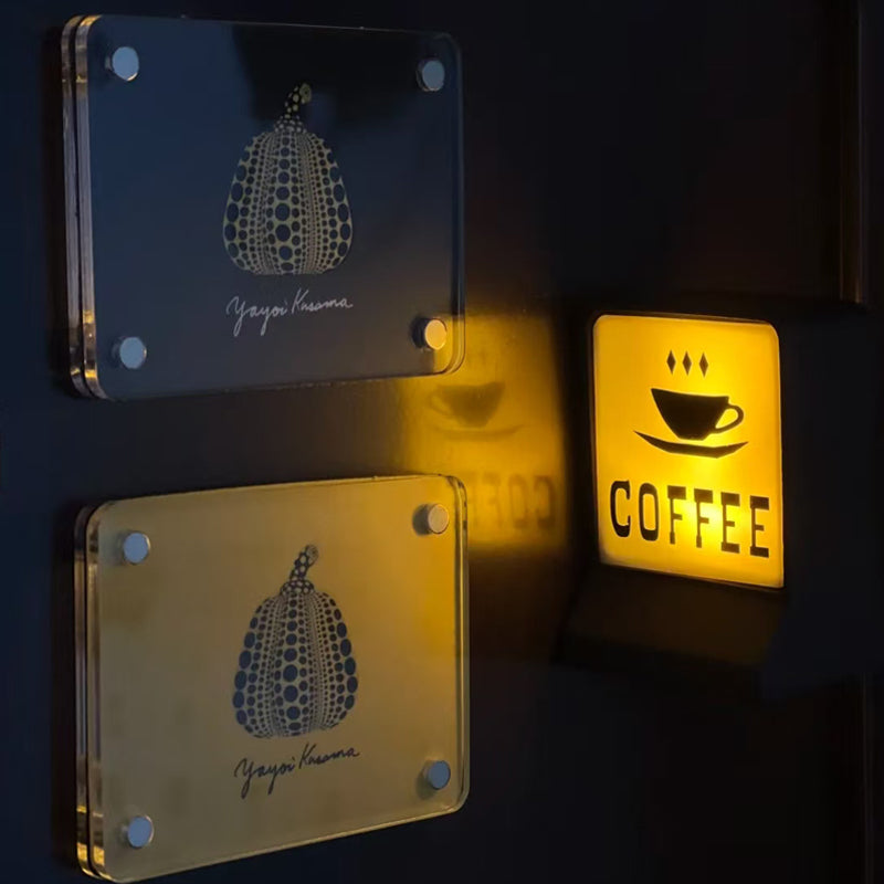 Warmly Lit Mini Coffee Bar Sign with Stylized Coffee Cup Design for Cozy Kitchen Nook