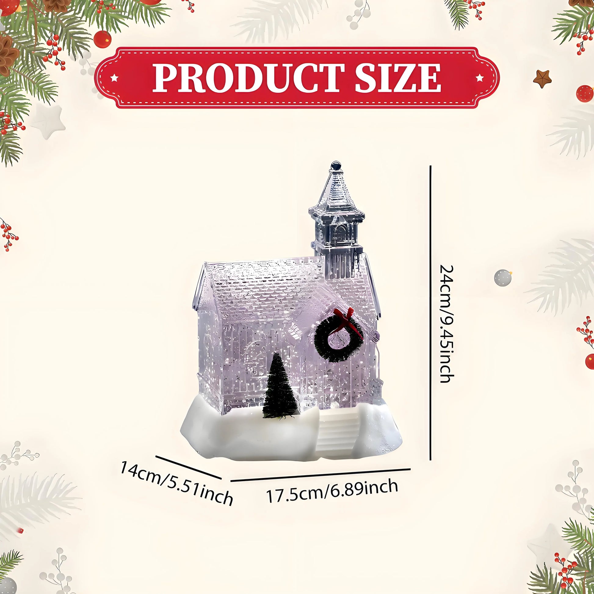 Christmas-themed product with measurements on a decorative background