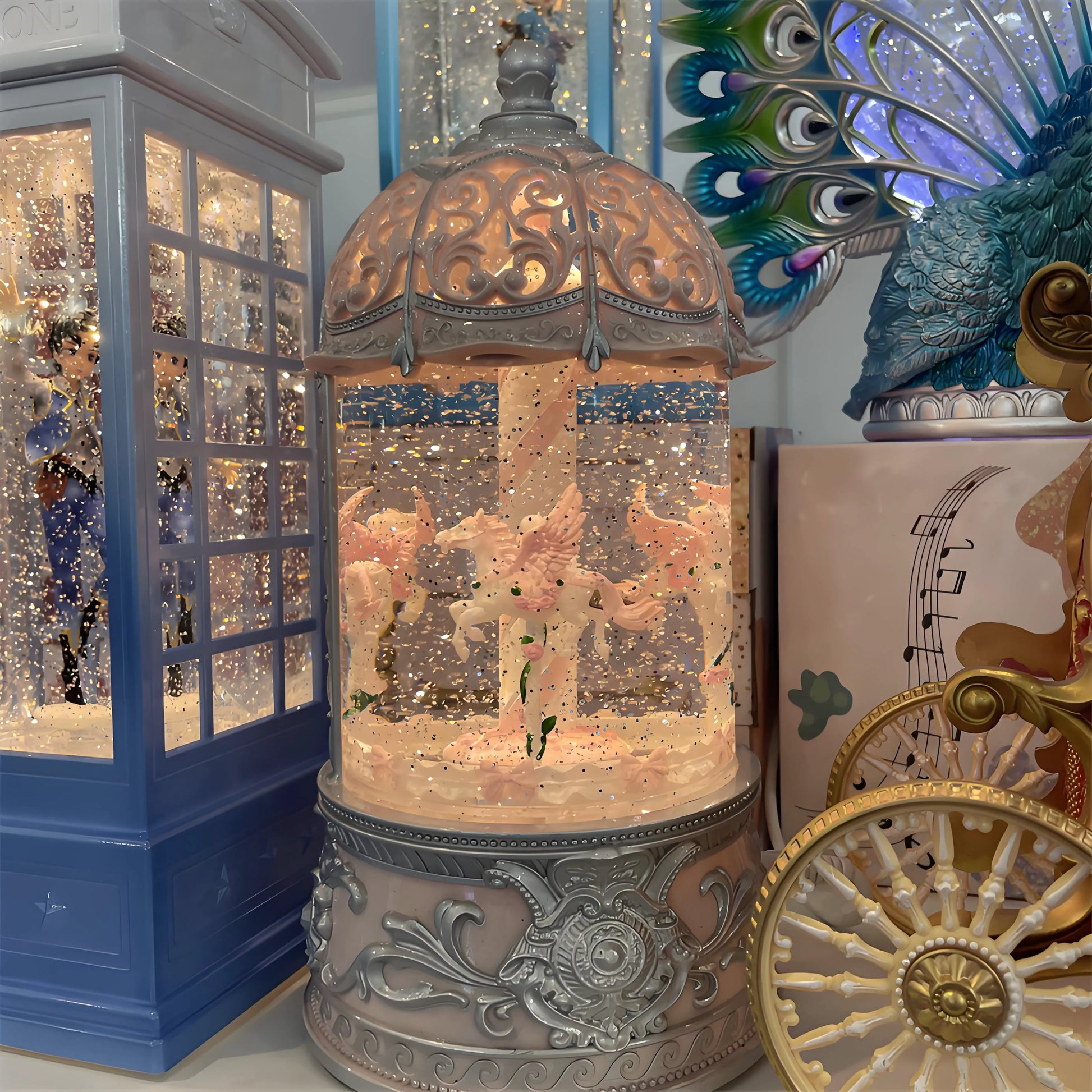 Holiday tabletop décor – pink carousel music snow globe for kids and families