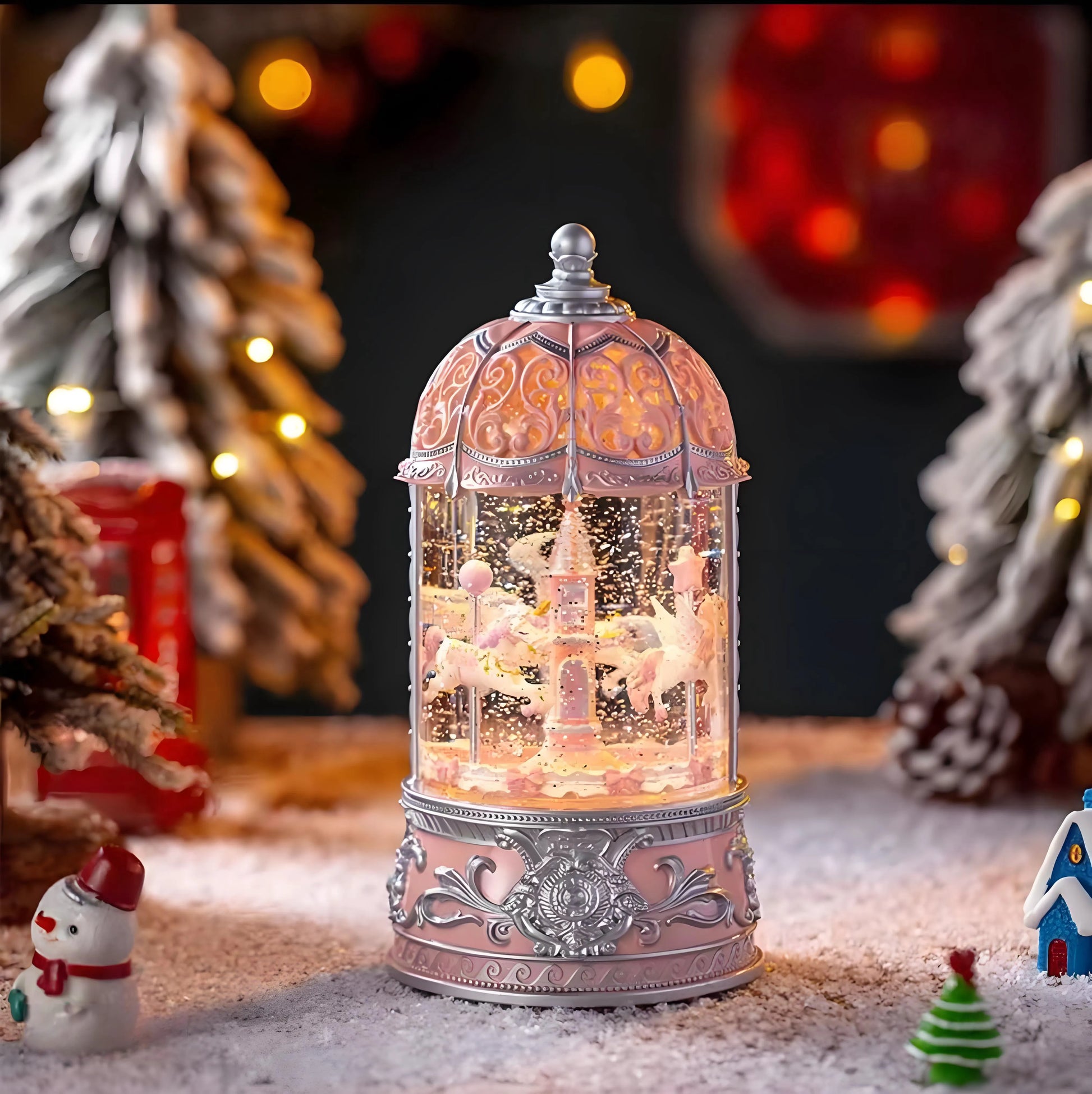 Pink Carousel Musical Snow Globe with rotating horses and warm LED glow