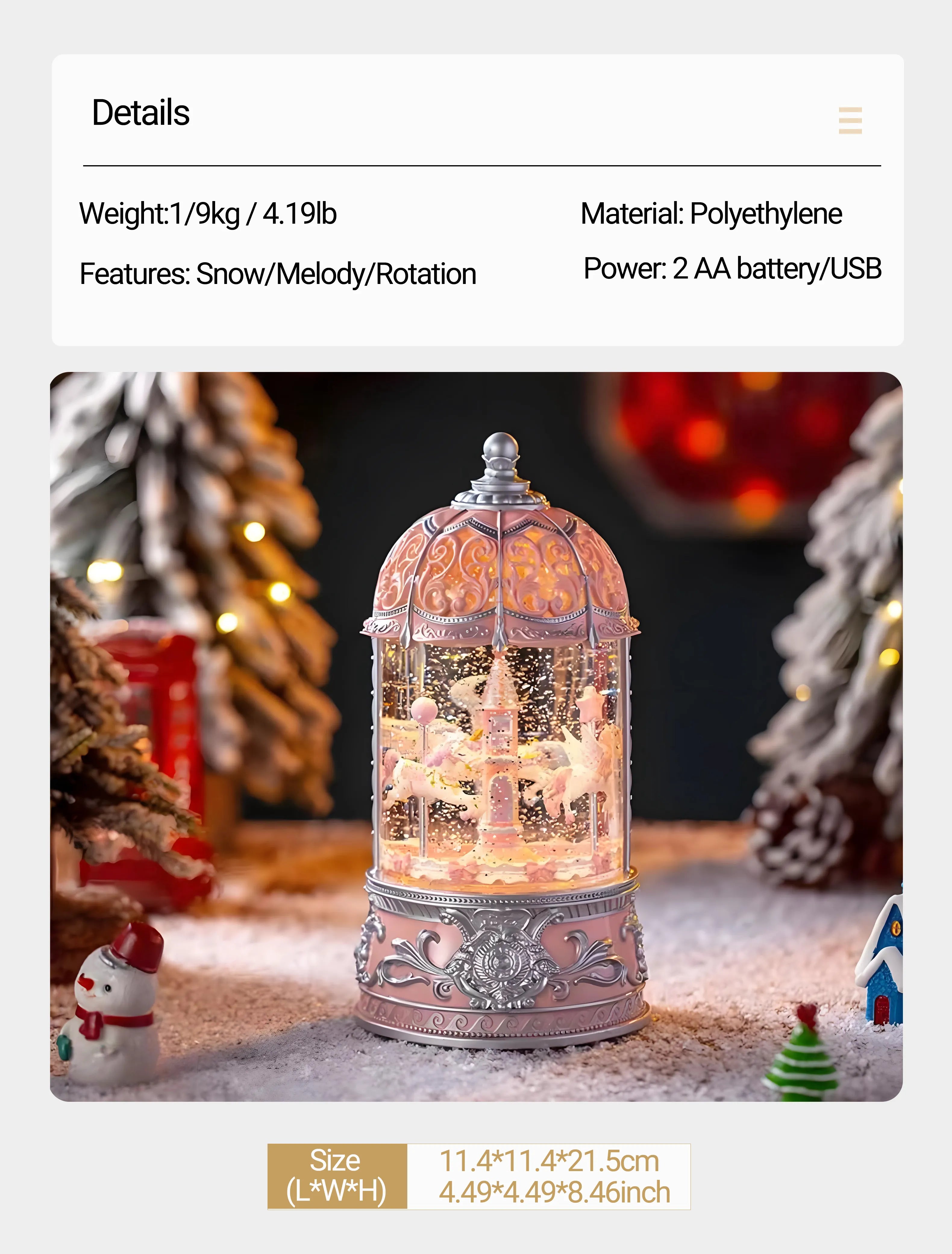 Holiday tabletop décor pink snow globe with rotating carousel horses