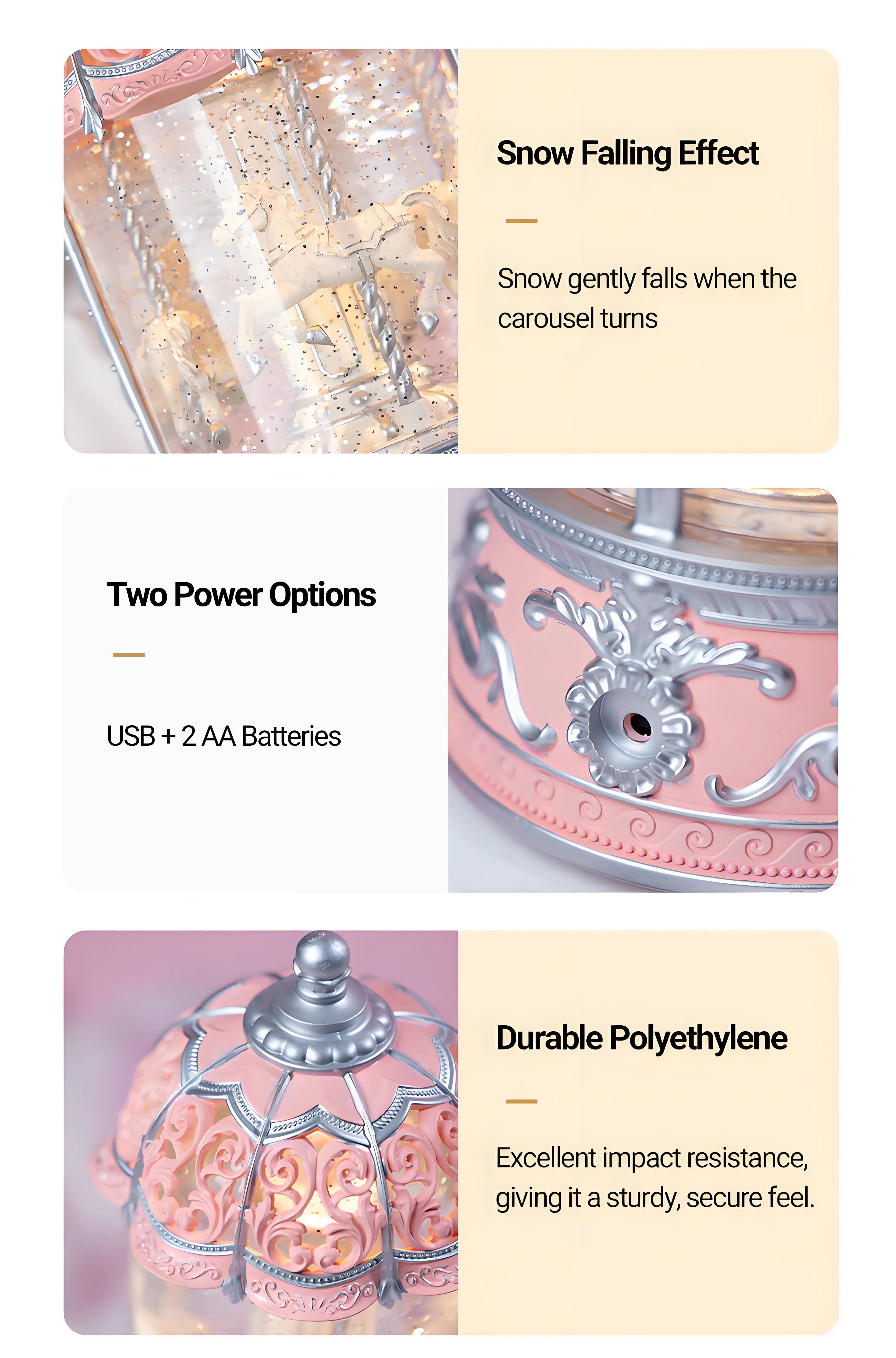 Kids-friendly pink carousel music snow globe with dual power options