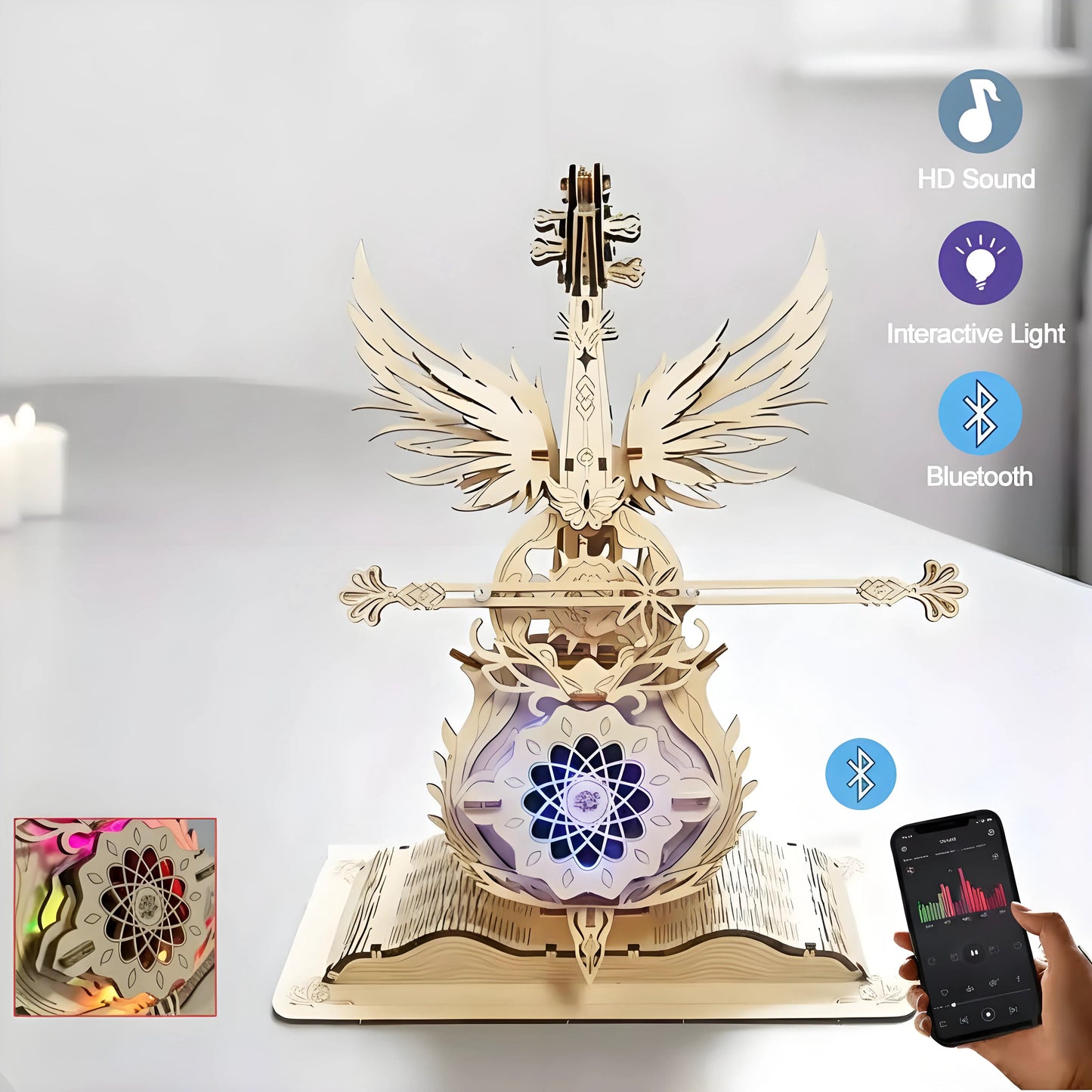Assembled 3D linden wood cello Bluetooth speaker playing music on a desk, adding creative décor to home or office.