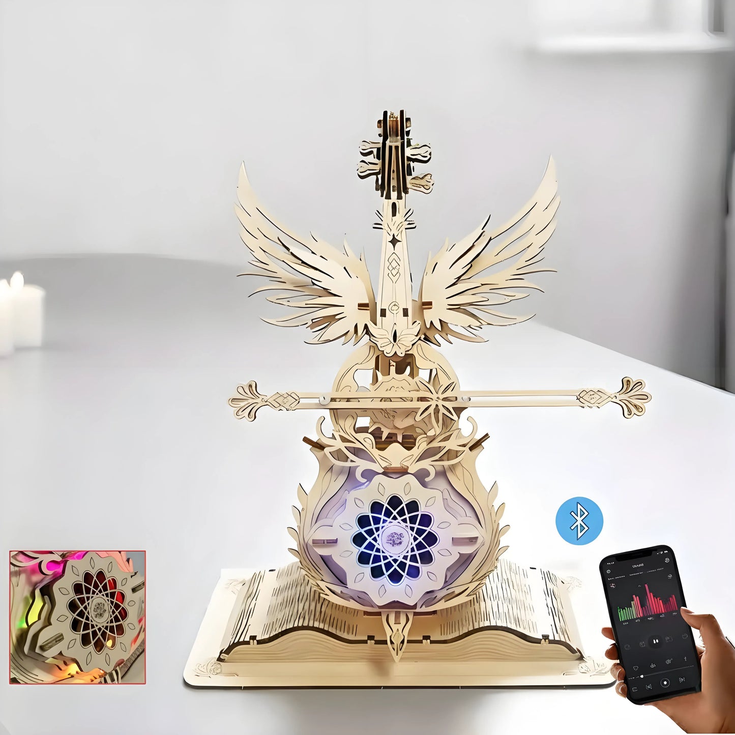 Assembled 3D linden wood cello Bluetooth speaker playing music on a desk, adding creative décor to home or office.